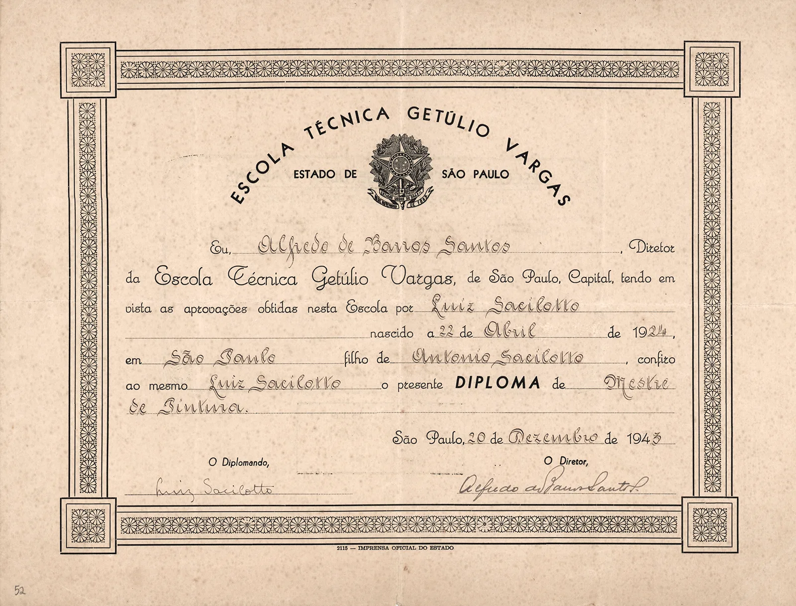 Diploma de Mestre em Pintura na Escola Técnica Getúlio Vargas (antigo Instituto Profissional Masculino)