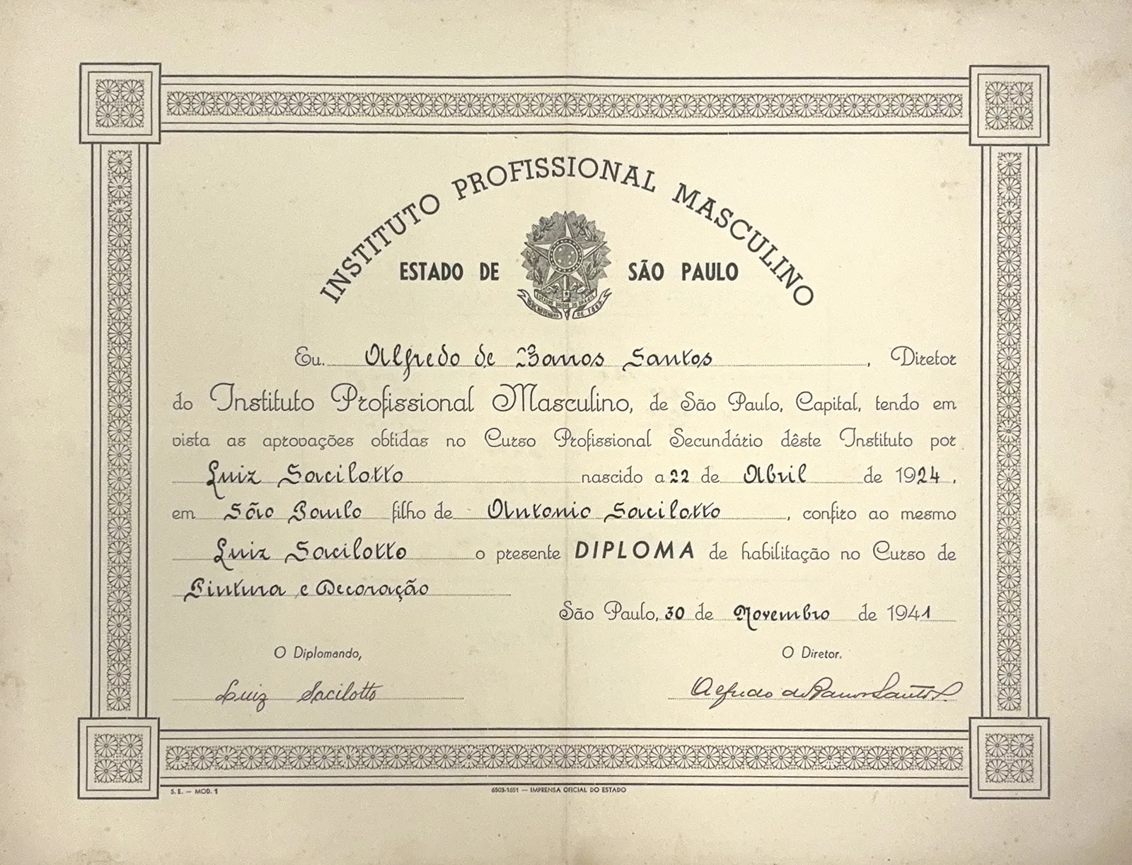 Diploma de Habilitação no Curso de Pintura e Decoração pelo Instituto Profissional Masculino, São Paulo, 1941