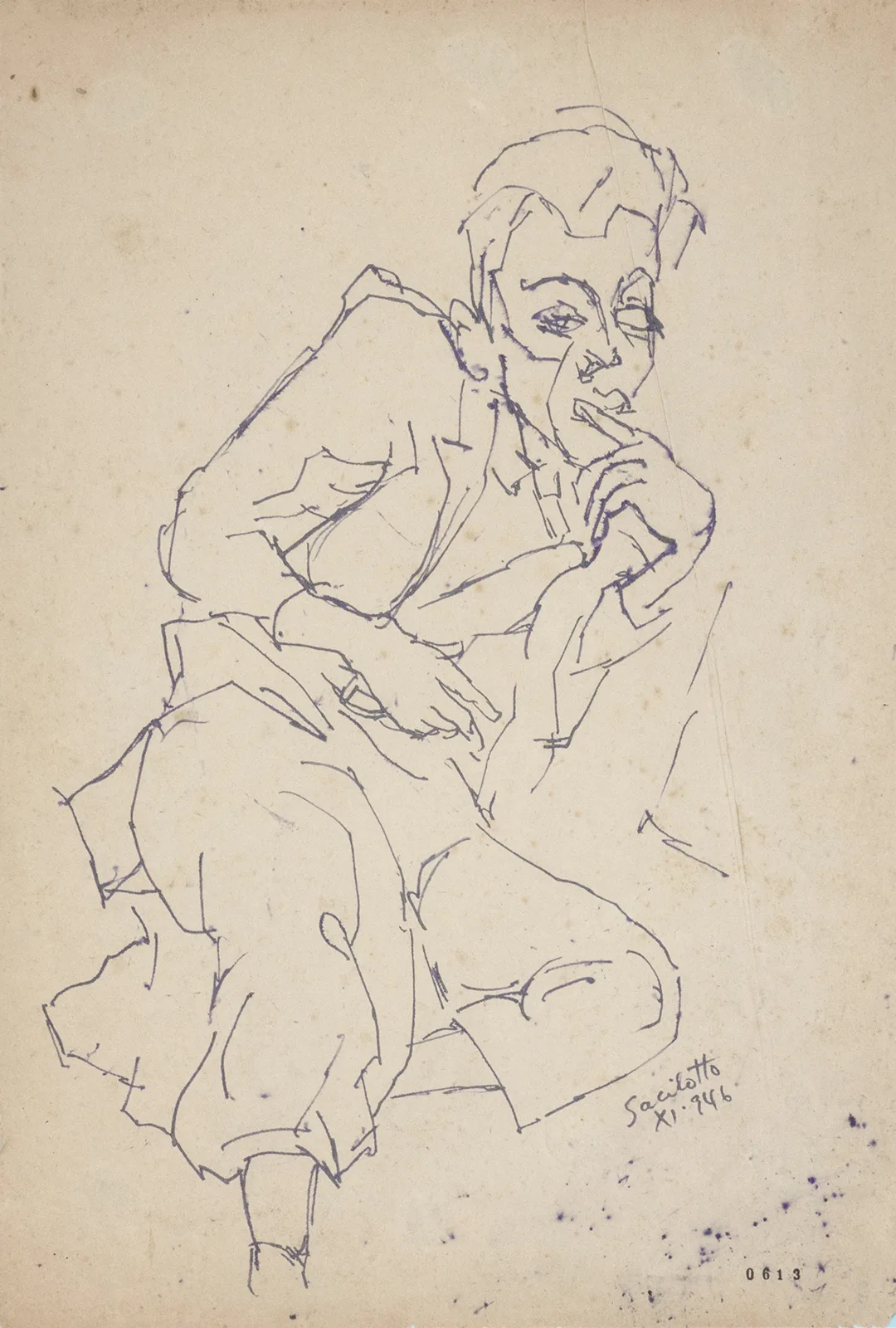 "Figura (Marcelo Grassmann)", 1946, lápis-cópia com água e cola e nanquim sobre papel, 48,6 × 32,9 cm. Fundo Luiz Sacilotto — Acervo Instituto de Arte Contemporânea