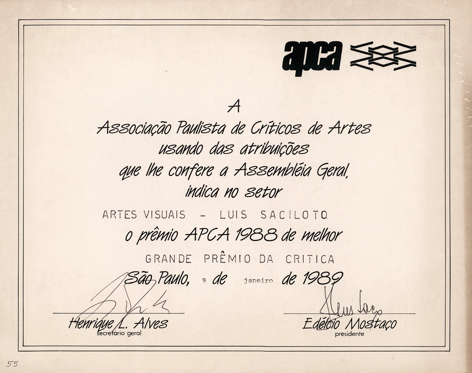 Certificado de premiação da APCA, 1989