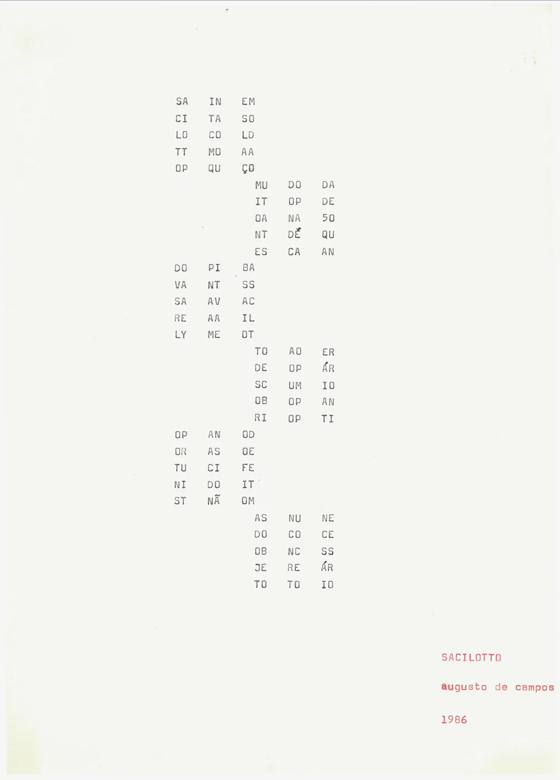 Poema "Sacilotto", de Augusto de Campos, 1986